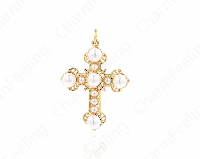 Pearl Cross Necklace, Micropavé CZ Cross Pendant, Religious Charm, 18K Gold Filled Faith Charm, DIY Jewelry Accessories, 41.5x29x6.5mm