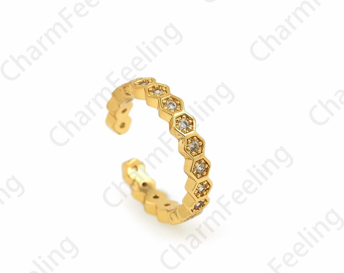 Honeycomb Rings, Thin Rings, 18K Gold Filled Adjustable Rings, Hexagon Rings, Micro Pavé CZ Gold Open Rings, Fashion Rings