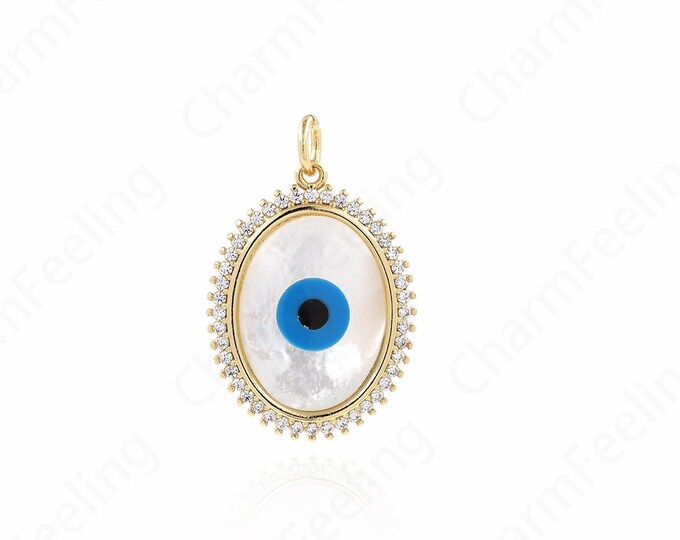 Micropavé CZ Eye Necklace,18K Gold Filled Lucky Eye Pendant,Oval Pendant,Eye Charm,DIY Jewelry Supplies, 31.5x21x4mm