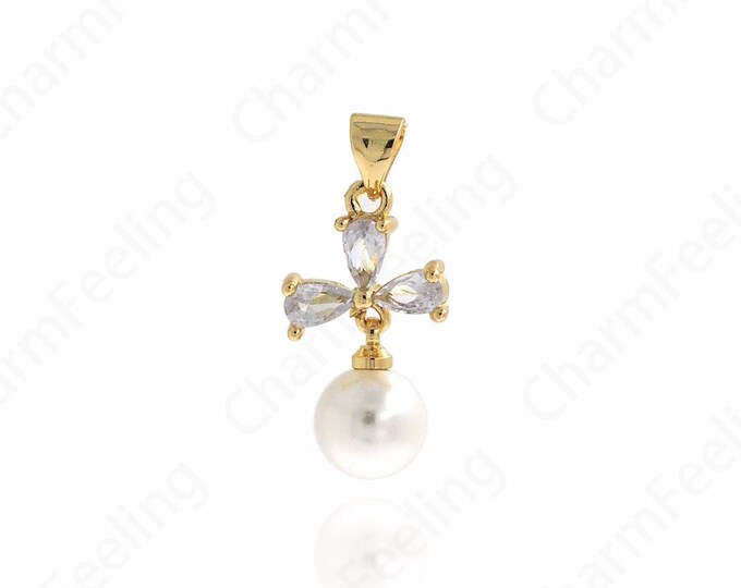 Pearl Flower Pendant, Pearl Charm, 18K Gold Filled Plant Charm, Flower Necklace, Flower Charm, DIY Jewelry Supplies, 25x11.5x8mm