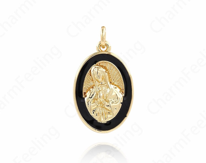 Enamel Mary Pendant，Virgin Mary Necklace,Religious Jewelry,18K Gold Filled Miraculous Medal Necklace ,Catholic Jewelry 23x13.5x3mm