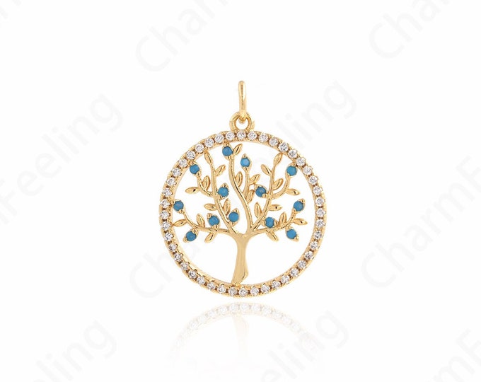 Micropavé CZ Plant Charm, Tree Of Life Necklace, 18K Gold Filled Round Pendant, Tree Of Life Charm, DIY Jewelry Accessories,20x25x2mm