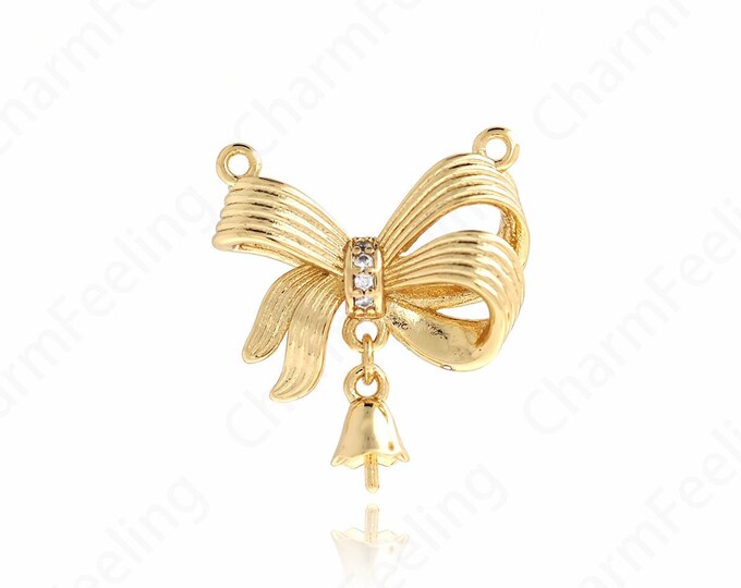 Micropavé CZ Knot Charm, Gold Bow Necklace, Bow Pendant, 18K Gold Filled Bow Charm, DIY Jewelry Supplies, 20x17.5x5mm