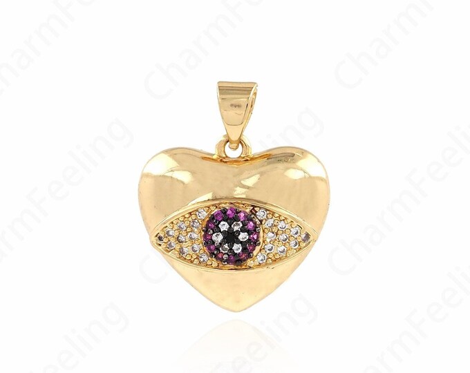 Eye Pendant,Heart Eye Charm, 18K Gold Filled Puffed Heart Charm,Micro Pave CZ Eye Necklace, Heart Charm,DIY Jewelry Supplies,20.5x17.5x6.5mm