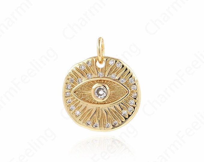 Micropavé CZ Eye Medal, 18K Gold Filled Eye Charm, Eye Pendant,Eyes On Coin Necklace,DIY Jewelry Making Accessories 20.5x18x3mm