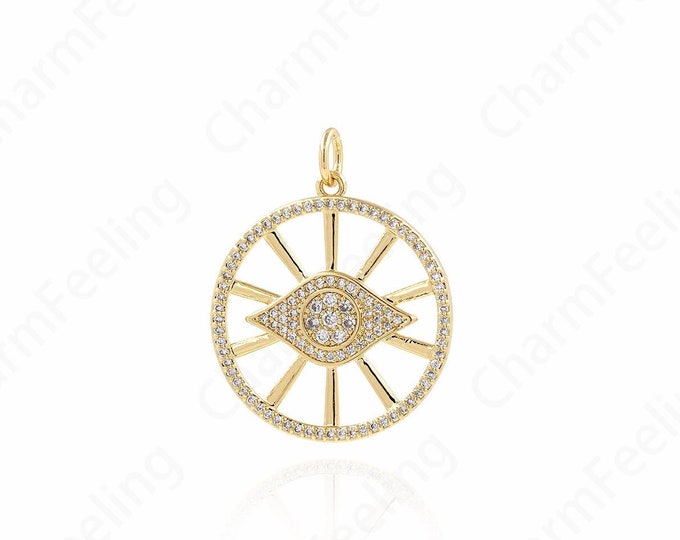 Micropavé CZ Eye Charm,Round Eye Charm, 18K Gold Filled Eye Pendant,Round Necklace, DIY Jewelry Making Accessories, 22x16x4mm