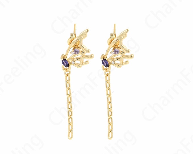 Wings Earrings, Chain Earrings, 18K Gold Filled Chain Stud Earrings, Wings Charm, Micro Pave CZ Angel Earrings, Gift For Her, 40x10x3mm