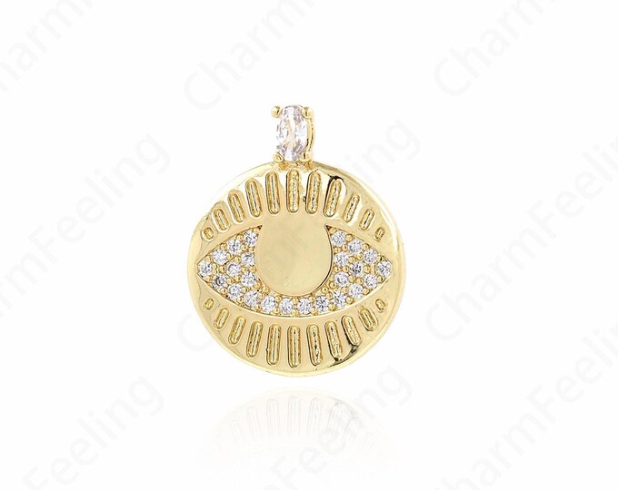 Eye Charm, Eye Medal, 18K Gold Filled Eye Pendant,Micropavé CZ Eye On Coin Necklace,DIY Jewelry Making Accessories 25x20x3mm