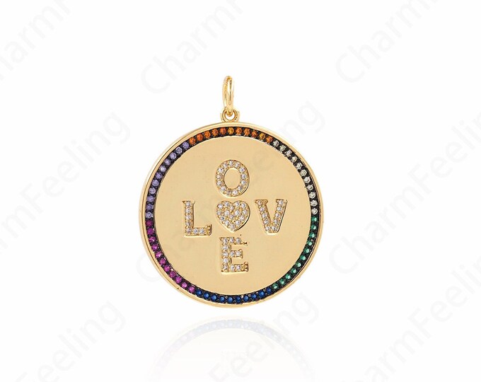 Micropavé CZ Love Charm, 18K Gold Filled Round Pendant,Love Necklace,DIY Jewelry Making Accessories, 40x33x3mm