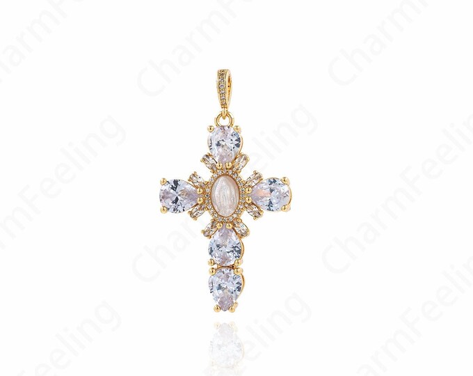 Micropavé CZ Religious Charm, Virgin Jewelry, Christian Pendant,18K Gold Filled Cross Charm, DIY Jewelry Supplies, 50x27x6mm