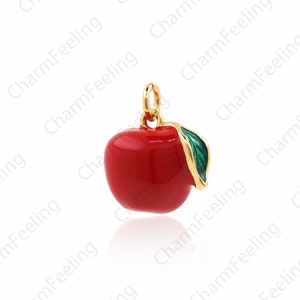 Enamel Apple Pendant, Enamel Apple Necklace, 18K Gold Filled Fruit Necklace, Fruit Charm, Apple Charm, Apple Necklace, 14x12x9.5mm