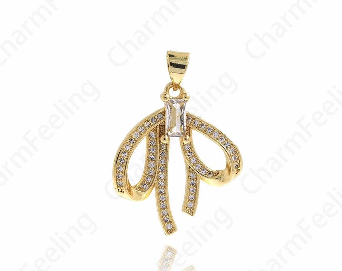 18K Gold Filled Bow Charm, Gold Bow Necklace, Bow Pendant,Zircon Knot Charm, DIY Jewelry Supplies, 21.5x21.2x6mm