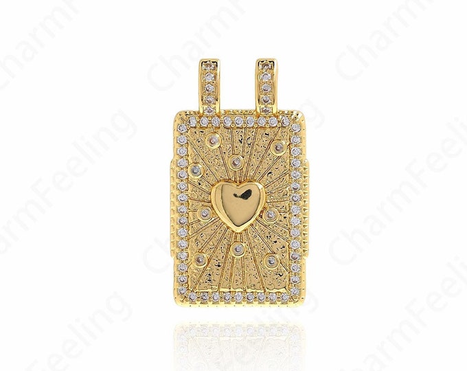 Square Pendant, Heart Charm, Micropavé CZ Love Necklace, 18K Gold Filled Heart Pendant, DIY Jewelry Supplies, 27.2x15x5mm