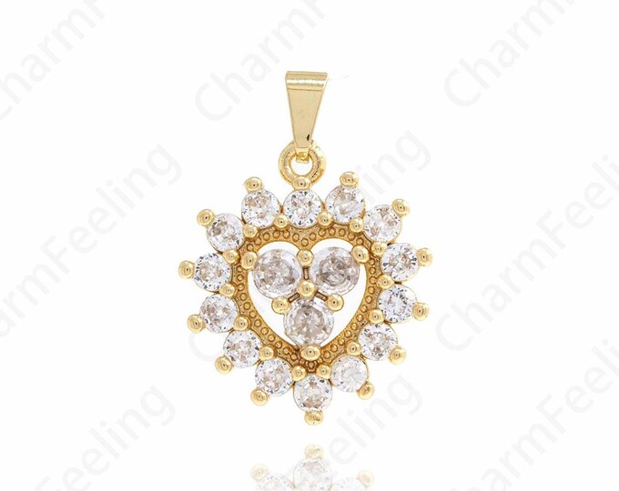 18K Gold Filled Heart Pendant Micropavé CZ Textured Heart Metallic Heart Gold Heart Bracelet Necklace DIY Jewelry Supplies, 28.5x20.4x3.8mm