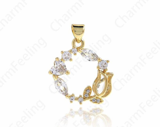 Rose Pendant Necklace,Micro Pave CZ Rose Gold Pendant,18K Gold Filled Flower Round Pendant,DIY Jewelry Supplies,26.2x20.2x5mm