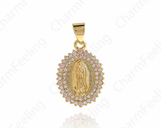Micropavé Cubic Zirconia Strip Pendant, 18K Gold Filled Virgin Mary Pendant, Virgin Necklace, DIY Jewelry Components 23.5x13.5x2mm