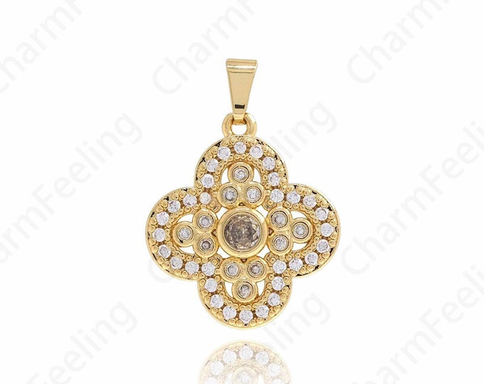 Flower Charm, 18K Gold Filled Plant Charm, Micro Pave CZ Flower Pendant, Beautiful Flower Necklace, DIY Jewelry Supplies, 29.5x21x3.3mm