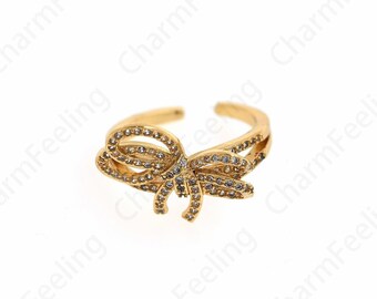 Micropavé CZ Dainty Ring, Bow Ring Gold Open Ring,18K Gold Filled Thick Ring, Adjustable Ring, Daily Ring,