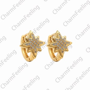 1 Pair, Polaris Earrings, 18K Gold Filled Star Earrings, Starburst Charm, Micropavé CZ Round Earrings, Daily Earrings, 12x14x12mm