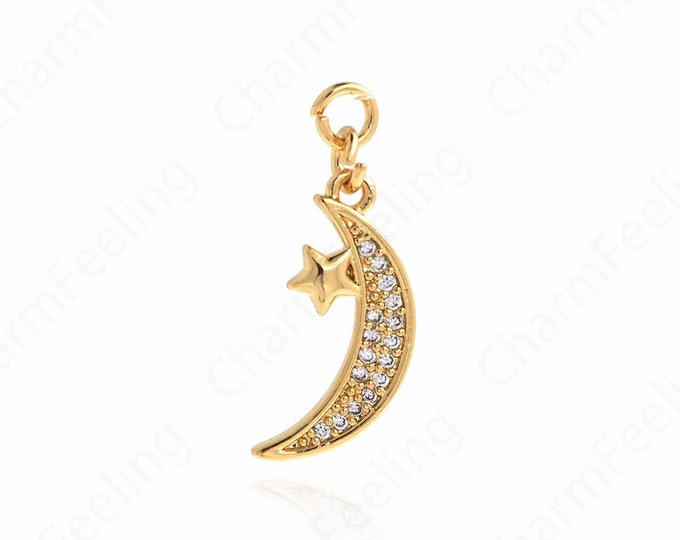 18K Gold Filled Cubic Zirconia Crescent Moon Pendants,Micro Pave CZ Moon Chanrms,Gold Half Moon Necklaces DIY Jewelry Supplies,25.5x9x1.5mm