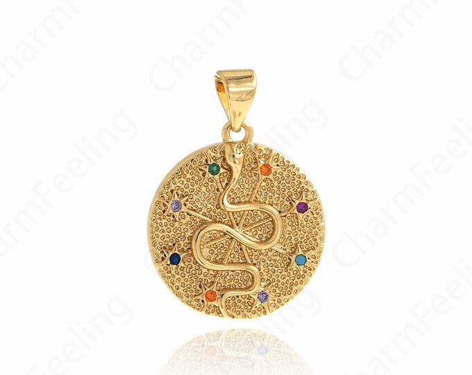 18K Gold Filled Round Snake Pendant,Micropavé CZ Snake Pendant,Snake Pendant Necklace Pendant Beads Looking for Jewelry Supply 24.5x18x2mm