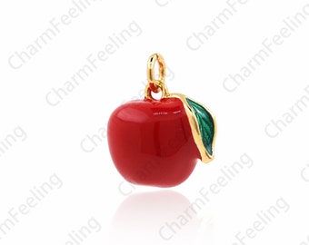 Enamel Apple Pendant, Enamel Apple Necklace, 18K Gold Filled Fruit Necklace, Fruit Charm, Apple Charm, Apple Necklace, 14x12x9.5mm