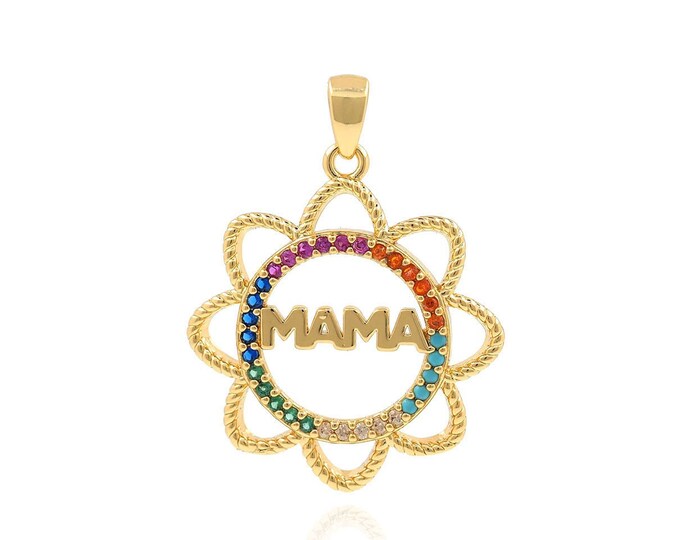 Micropavé CZ Sun Pendant, MAMA Necklace, Letter Charm, 18K Gold Filled Sunshine Necklace, DIY Jewelry Supplies, 28x21.5x2.8mm