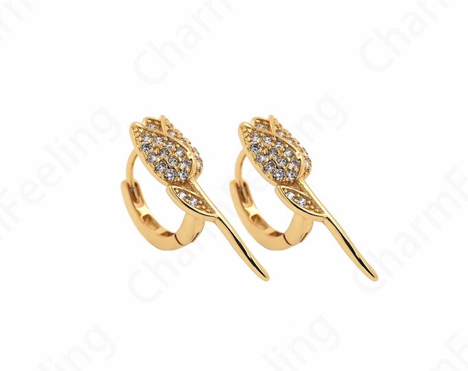 Micropavé CZ Flower Charm,Rose Earrings, Flower Earrings,18K Gold Filled Round Earrings,DIY Jewelry Supplies,14.6x24x7mm