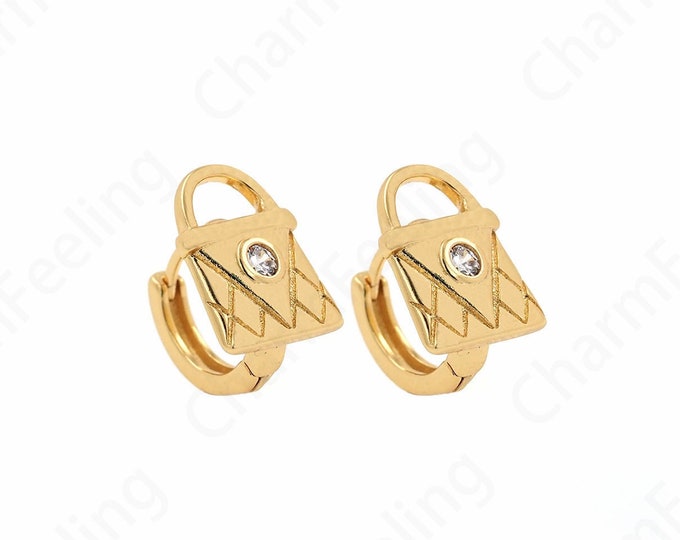 Bag Earrings, 18K Gold Filled Handbag Earrings, Micro Pave CZ Round Earrings,Signet Earrings,Pierced Earrings,Gift For Her,13.3x10.8x15.7mm