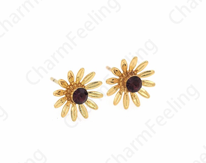 Micropavé CZ Sunflower Charm, Flower Earrings, 18K Gold Filled Round Earrings, Bone Clip Earrings, DIY Jewelry Supplies, 11x11mm