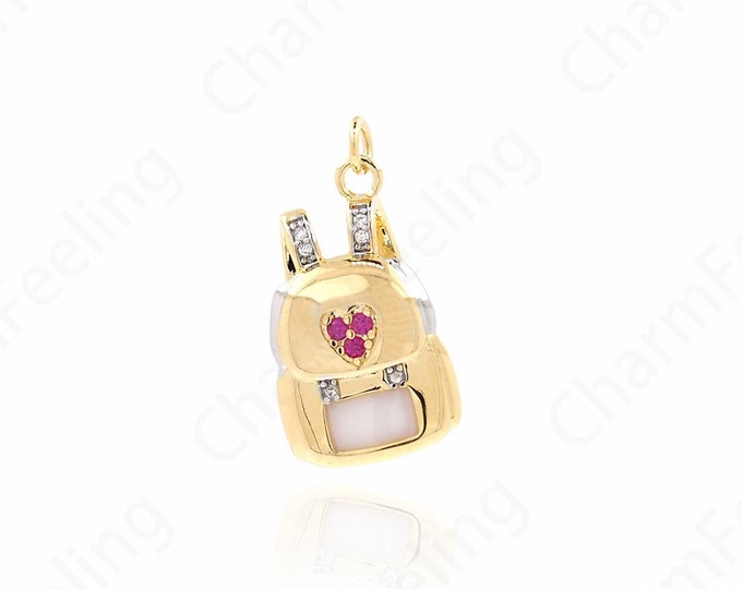18K Gold Filled Dainty Necklace, Backpack Pendant,Bag Pendant, Micropavé CZ Handbag Charm,Gift For Her, DIY Jewelry Supplies, 21x12x5.5mm