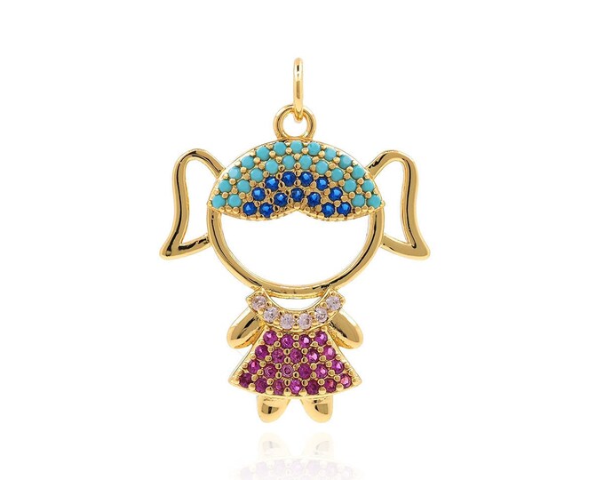 Girl Pendant, Micropavé CZ Kids Charm, 18K Gold Filled Girl Necklace, Girl Charm, DIY Jewelry Supplies, 28x20.5x3.5mm