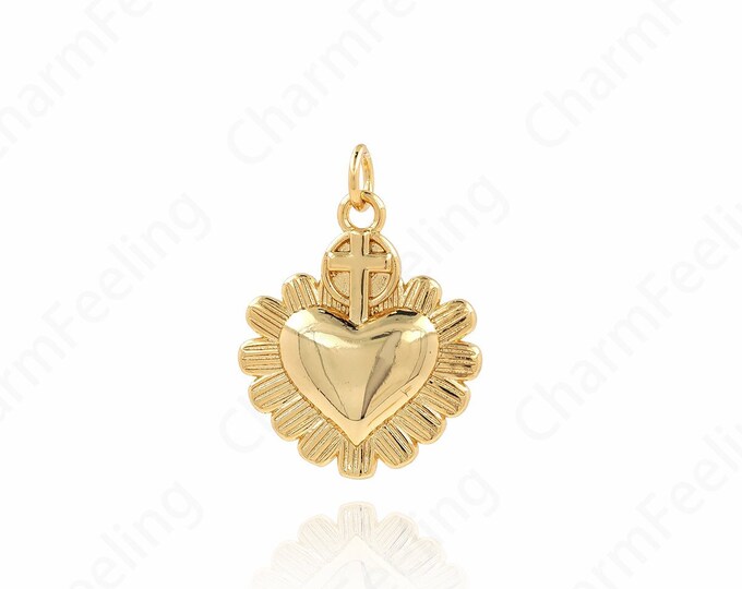 18K Gold Filled Heart Charm, Love Necklace, Dainty Charm, Micropavé CZ Round Pendant, Heart Necklace, DIY Jewelry Supplies, 24x18x2.8mm