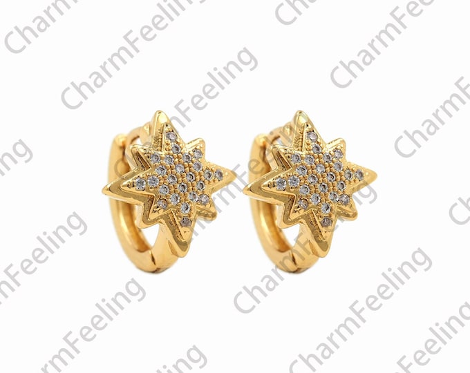 1 Pair, Polaris Earrings, 18K Gold Filled Star Earrings, Starburst Charm, Micropavé CZ Round Earrings, Daily Earrings, 12x14x12mm