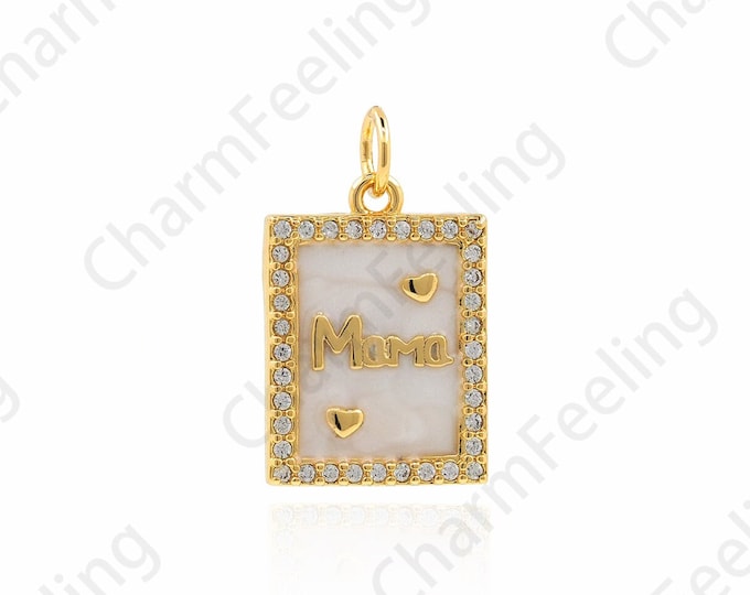 18K Gold Filled Rectangular Pendant,Micropave CZ Enamel Rectangular Necklace,MAMA Medal Pendant,Enamel Charm,Text Mama Necklace,21x12x1.8mm