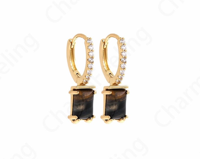 Tiger Stone Earrings, Square Earrings, 18K Gold Filled Rectangular Rhinestone Earrings,  Micropavé CZ Exquisite Earrings,14.5x24.5x7.5mm