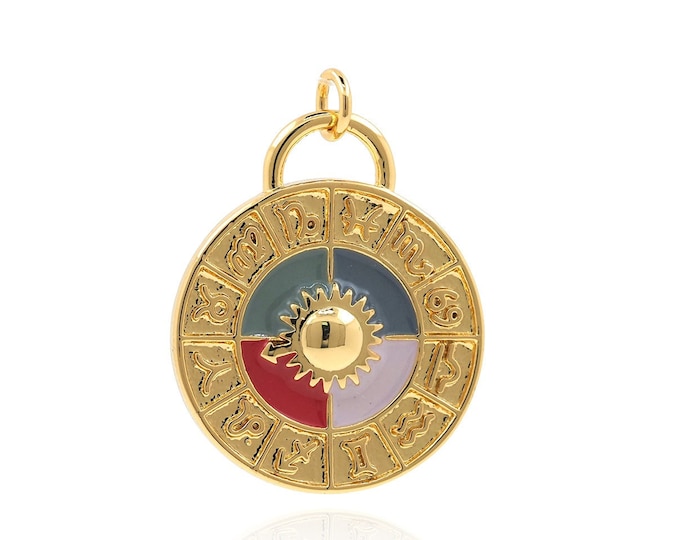 Round Pendant, Enamel Zodiac Necklace, Sun Pendant, Constellation Charm, 18K Gold Filled Sun Charm, DIY Jewelry Supplies, 29x22x3mm