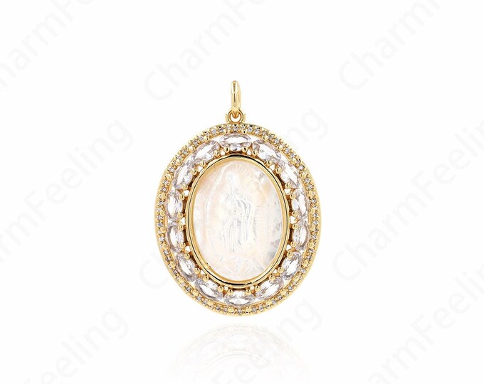 Micropavé Cubic Zirconia Strip Pendant, 18K Gold Filled Virgin Mary Pendant, Virgin Necklace,DIY Jewelry Supplies, 38x26.5x6mm