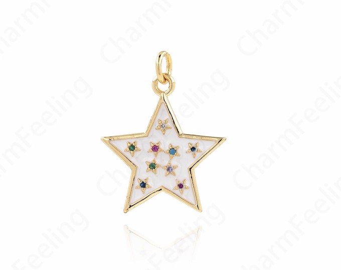 Pentagram Pendant, Enamel Charm, Pentagram Charm, 18K Gold Filled Star Charm, Micropavé CZ Star Necklace, DIY Jewelry Supplies, 24x18x2mm