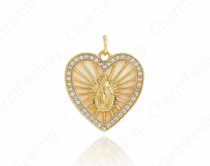 Virgin Mary Charm, 18K Gold Filled Heart Maria Necklace, Micropavé CZ Catholic Necklace, DIY Jewelry Accessories,22.5x19x3.7mm