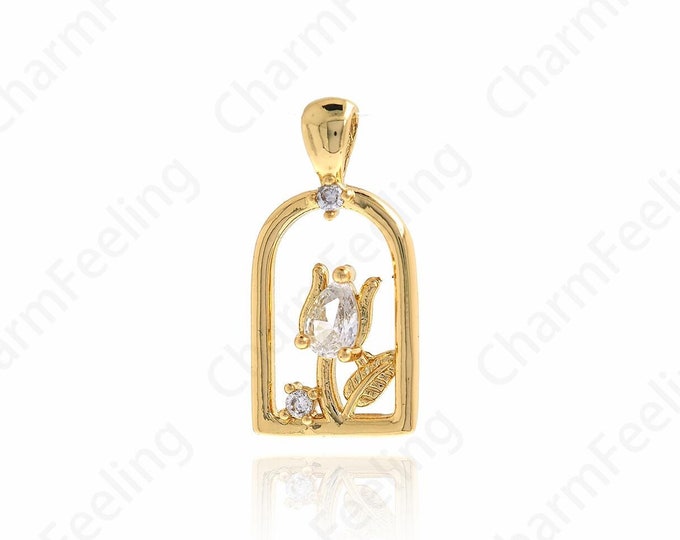 18K Gold Filled Rose Pendant,Zircon Door Charm, Gold Rose Necklace, DIY Jewelry Making Accessories 24.5x12.2x4.5mm