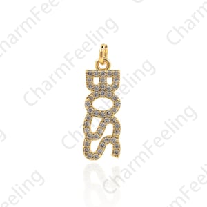 Micropavé CZ Necklace, 18K Gold Filled BOSS Pendant, English Character Pendant, DIY Jewelry Component 22x7x1.8mm