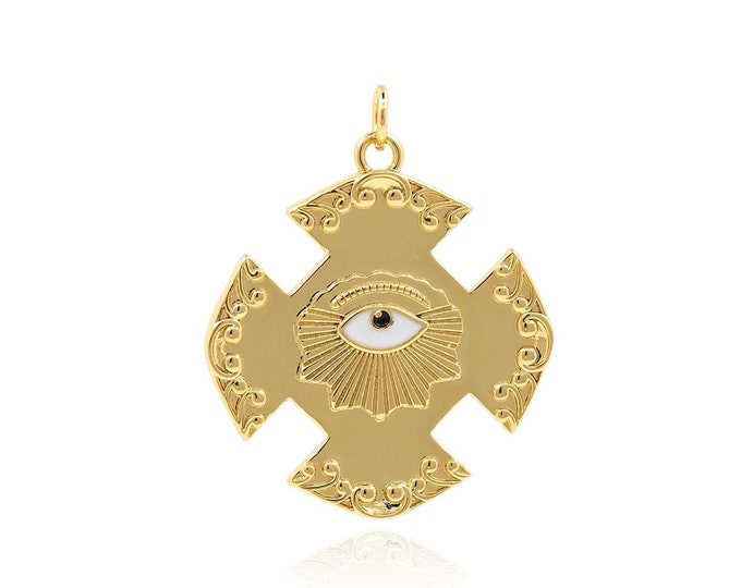 18K Gold Filled Eye Pendant, Cross Necklace, Enamel Charm, Eye Charm, Exquisite Cross Charm, DIY Jewelry Accessories, 33x27x2mm