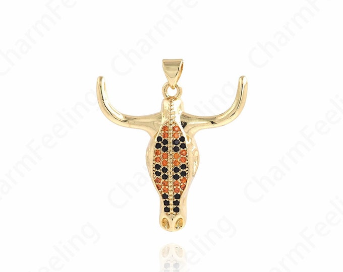 18K Gold Filled Cow Charm, Wild Animal Charm, Micropavé CZ Animal Necklace, Bull Head Pendant, DIY Jewelry Supplies, 33.5x29.5x6.5mm