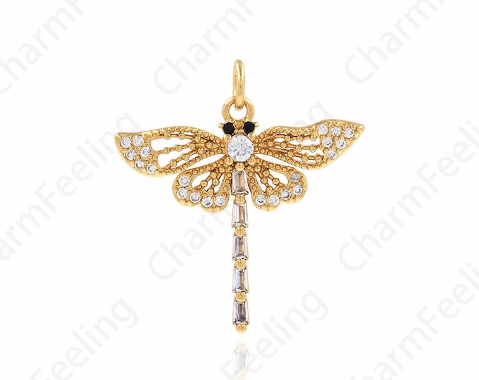 Insect Charm, 18K Gold Filled Wings Necklace, Micropavé CZ Dragonfly Pendant, Flying Charm, DIY Jewelry Making Supplies,23.5x25.5x3.5mm