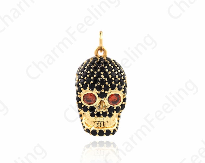 Skull Pendant, Micropavé CZ Horror Charm, Skull Jewelry, 18K Gold Filled Mystery Pendant, DIY Jewelry Supplies, 23x11.5x10.5mm