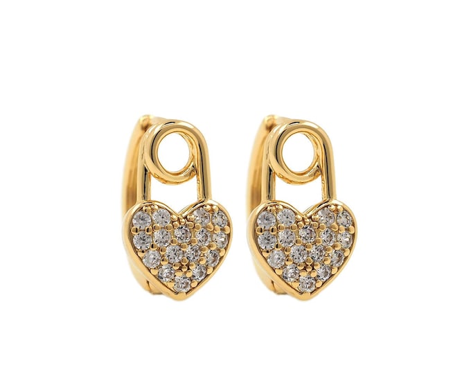 18K Gold Filled Pin Earrings, Micropavé CZ Safety Pin Earrings, Pin Charm, Heart Earrings, Round Earrings, DIY Earrings Accessories