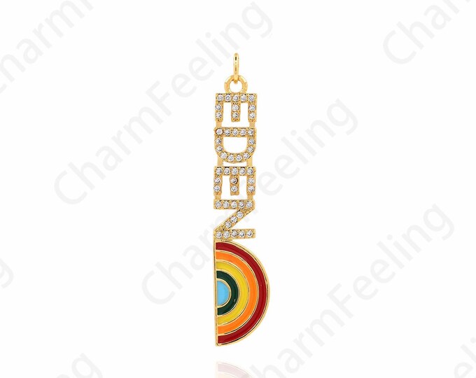 Eden Pendant, Text Charm, 18K Gold Filled Word Necklace, Rainbow Charm, Enamel Charm, Micropavé CZ Eden Charm,DIY Jewelry Supplies, 46x9x2mm
