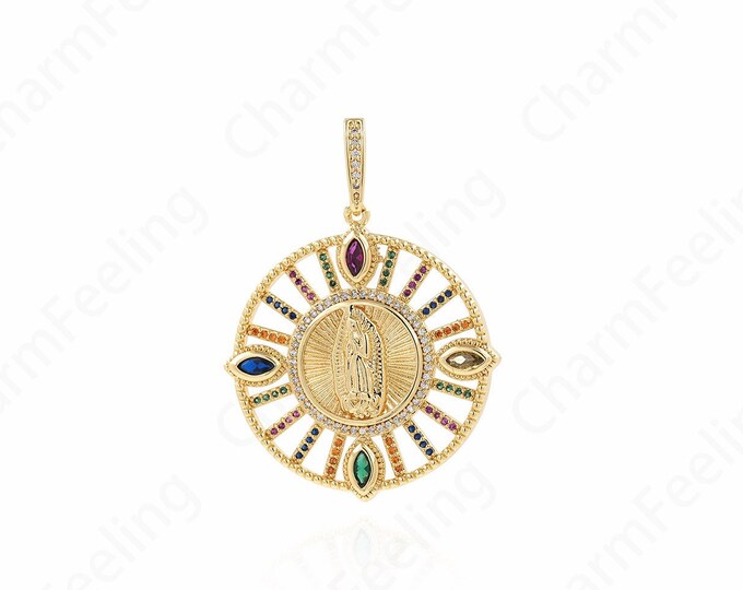 Round Virgin Mary Necklace, 18K Gold Filled Virgin Mary Pendant,MicroPave CZ Saint Guadalupe Medal,Religious Jewelry 48x35x4mm