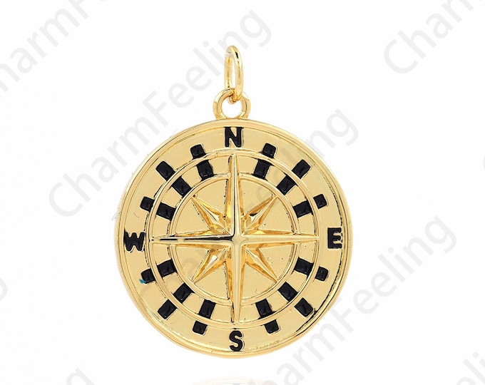 Polaris pendant, 18K Gold Filled Compass Pendant, Micropavé CZ Enamel Compass Pendant, Compass Necklace,DIY Jewelry Accessories, 37x29.5x2mm